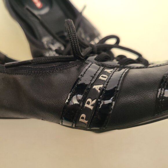 Prada Sport Black Patent Leather Lace Up Ballet Sneakers EU 37.5 US 7 - Picture 4 of 16